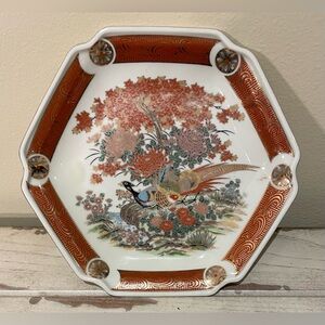Satsuma Japan Signed Porcelain Hexagon Plate Hand Painted Pheasant Chrysanthemum